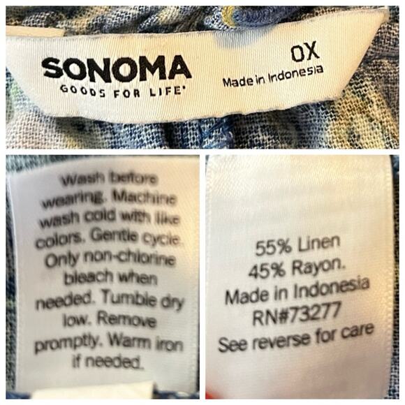 Sonoma Swing Dress Split Tie Neck Ruffle Hem Linen Blue Floral Women’s Size 0X - Picture 9 of 11